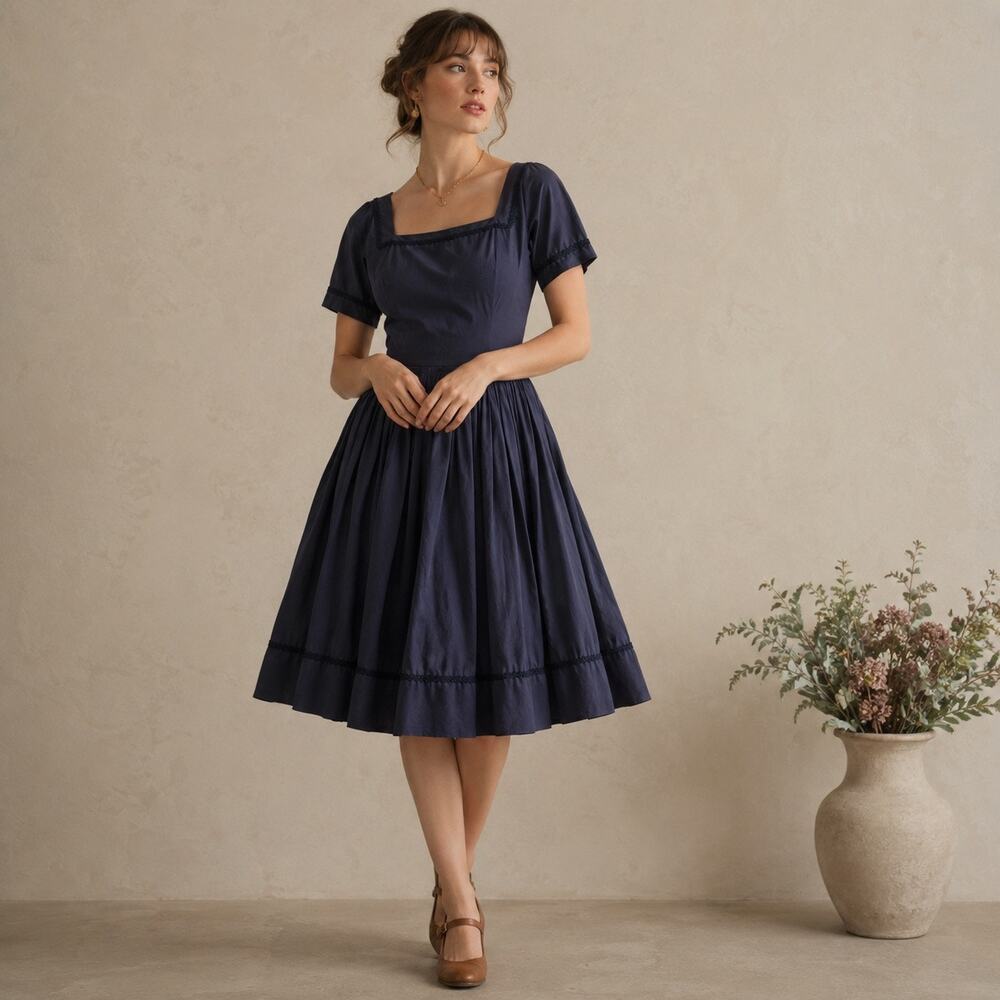 Vintage 50s L’Aiglon Navy Blue Cotton Dress Full Skirt Rockabilly XS/S